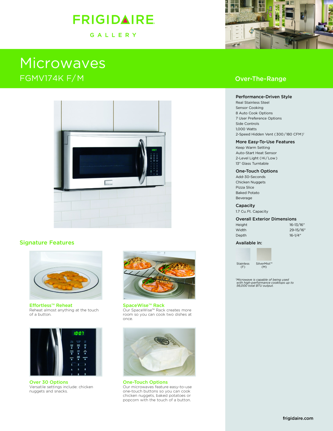 Frigidaire FGMV174K dimensions Effortless Reheat, SpaceWise Rack, Over 30 Options, One-TouchOptions, Capacity, Microwaves 